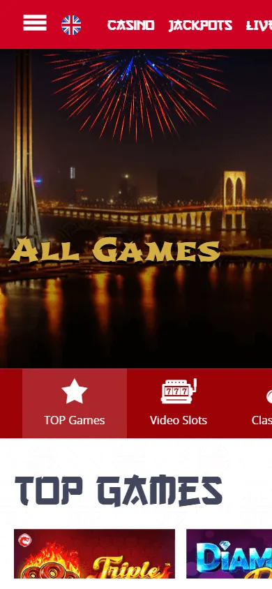 Macau Casino mobile games area with casino categories and instant-play titles