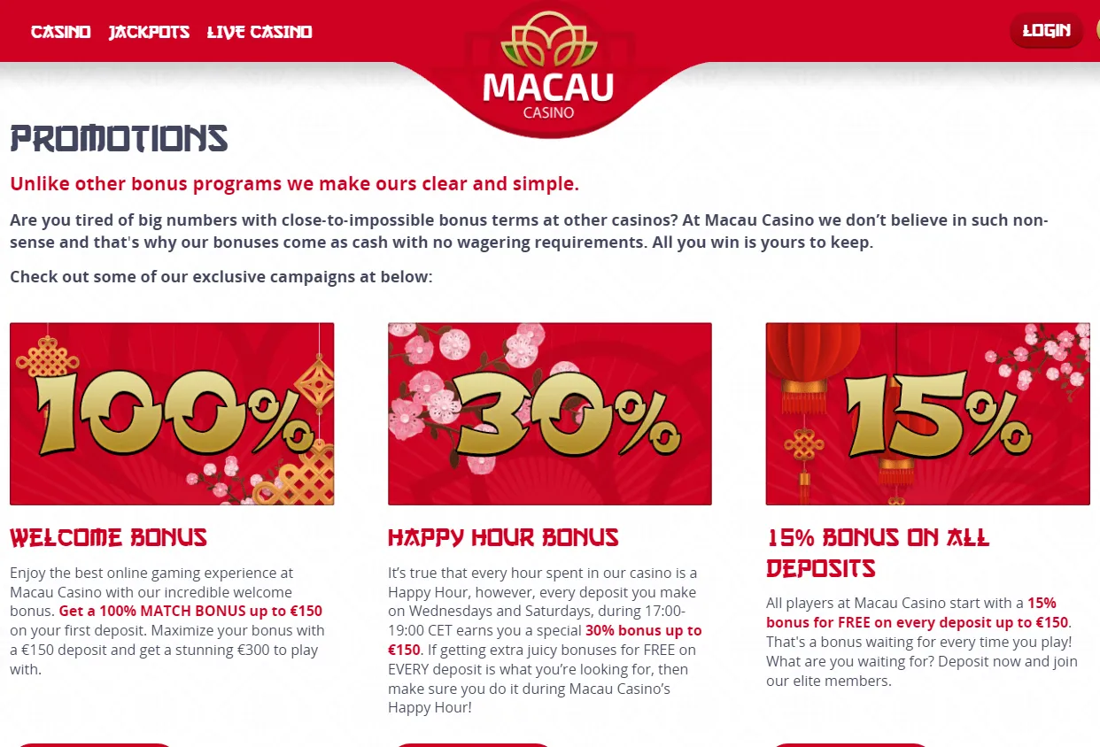 Macau Casino desktop promotions area with welcome and deposit bonuses