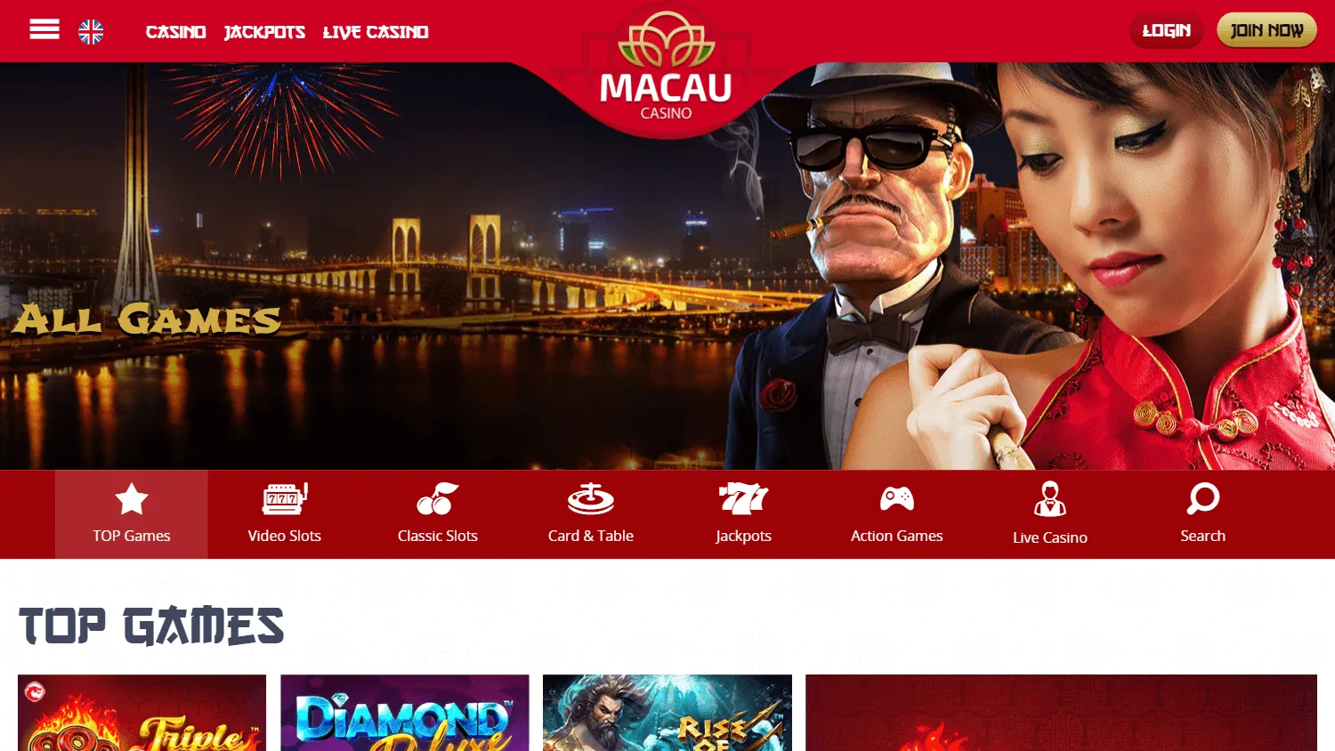 Macau Casino desktop games area with slots, table games and live casino options