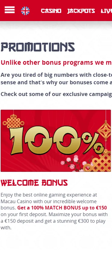 Macau Casino mobile promotions area with available bonus offers