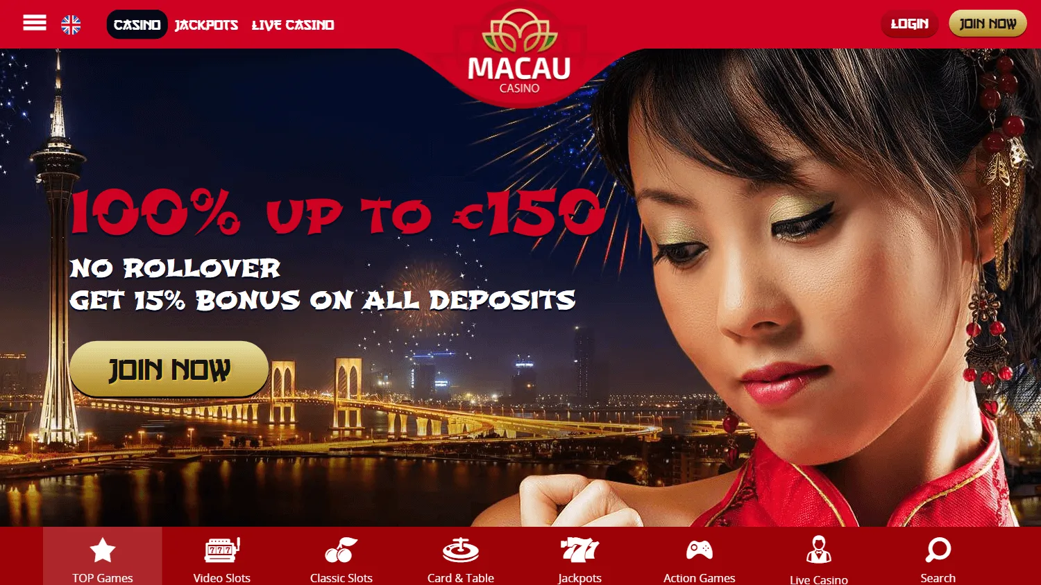 Macau Casino desktop home screen with casino access and account features